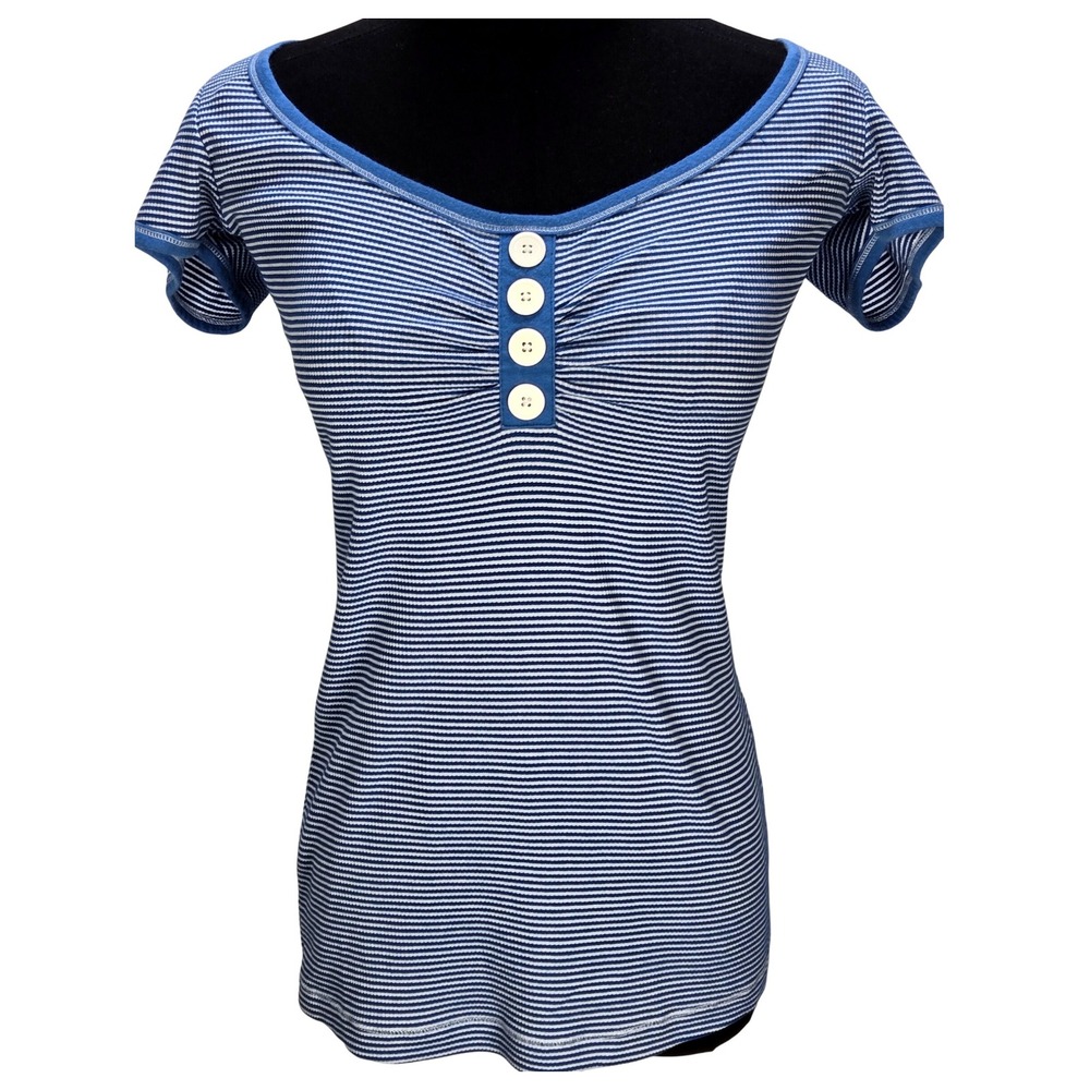 Women's FANG Y2K Medium Striped Henley Cap Sleeve Ribbed Baby Tee